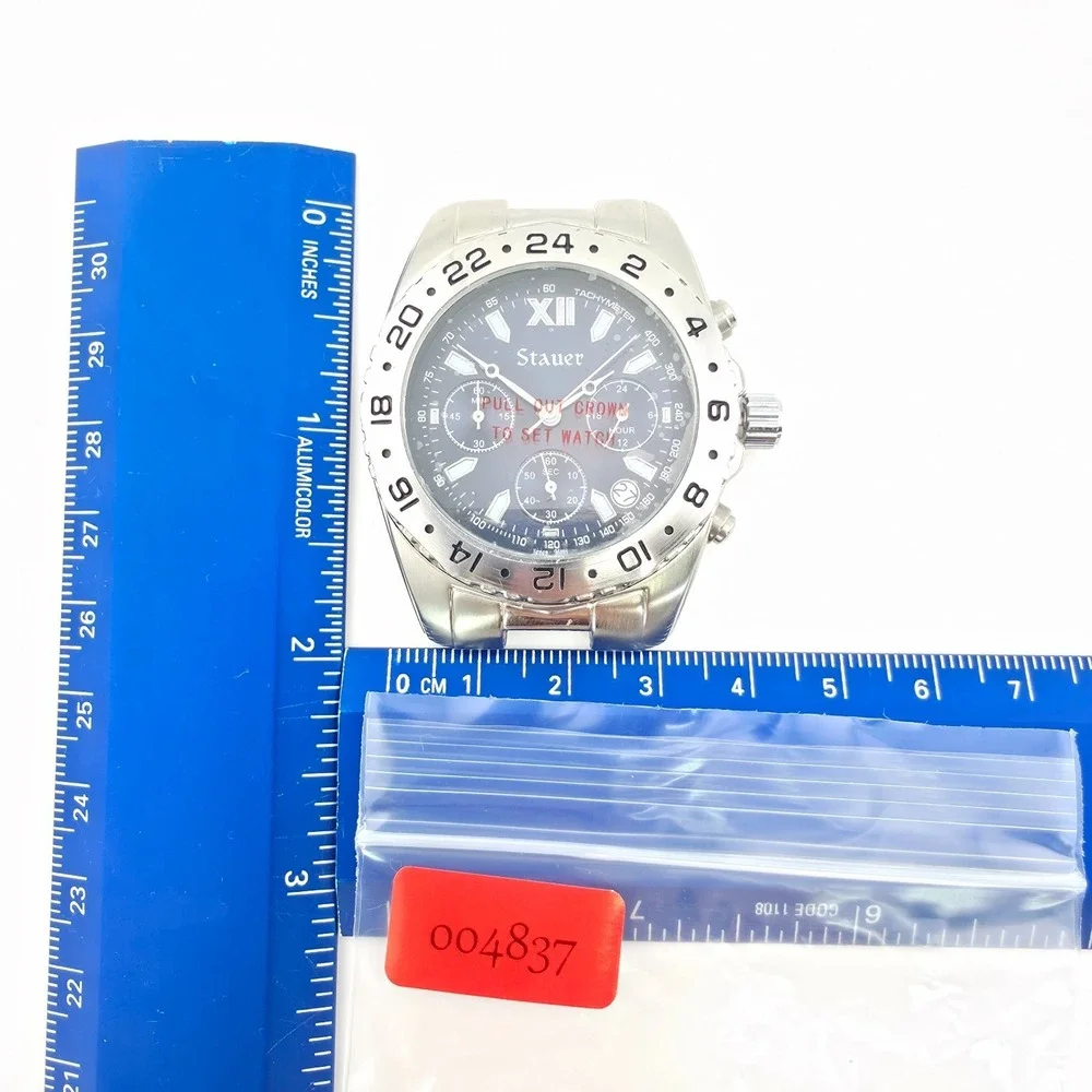 New STAUER Mens Watch Case Hybrid Chronograph Navy Blue Dial Silver Tone No Band